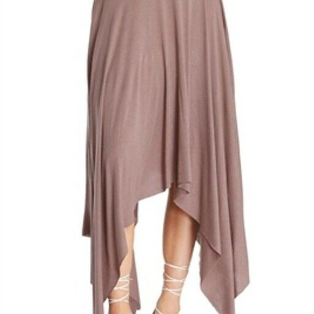 MaiTai Boho Mocha Minimalist Asymmetrical Raw Edge Flare Hanky Hem Skirt Small